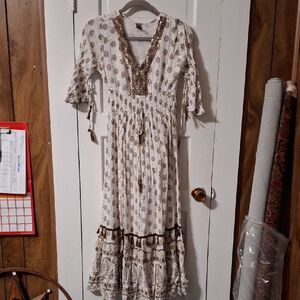 Magic Cream and Brown Long Sleeve Dress, Beautiful Bohemian (ROX121)